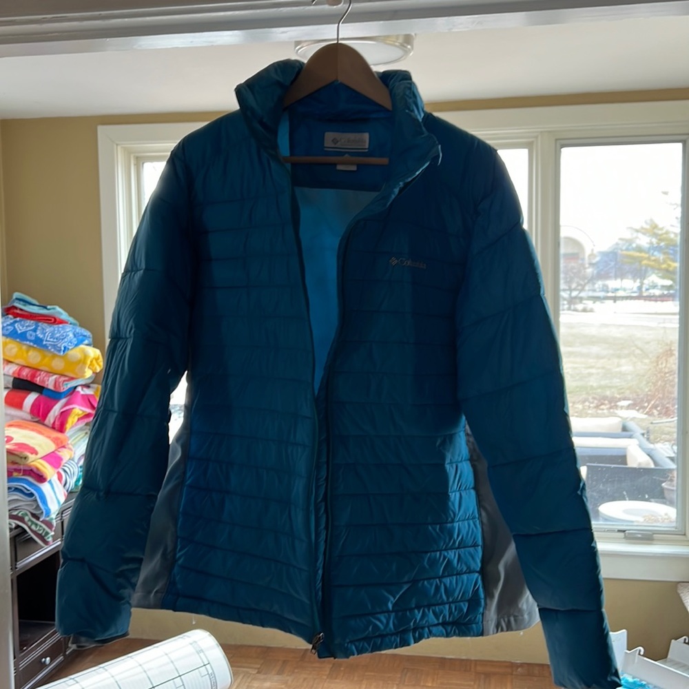 2x blue and gray Columbia jacket.